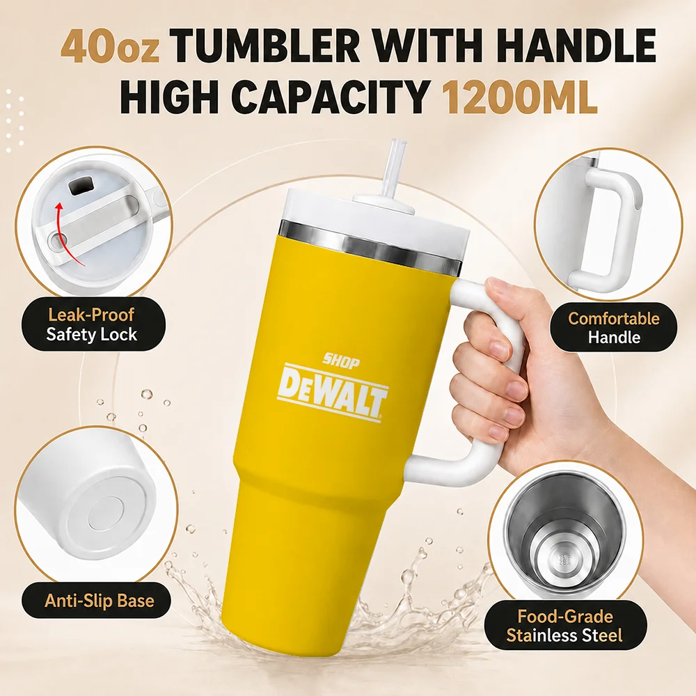 Tool Brand DeWalt Banner Vacuum Flasks 40oz Insulated Tumbler with Handle, Straw and Lid, Stainless Steel Travel Cup