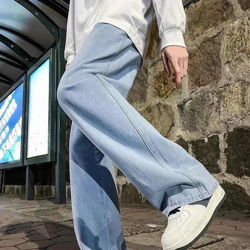 Fashion Men's Solid Color Drape Jeans Loose Straight Korean Vintage High Street Hip-hop Y2K Casual Daily Dragging Wide-leg Pants
