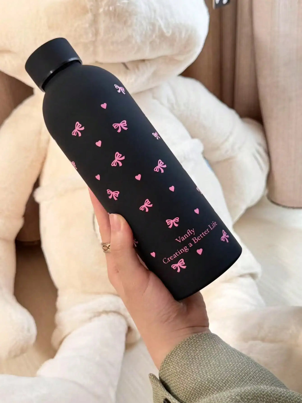 500ml Black Bow Heart-Shaped Stainless Steel Insulated Sports Water Bottle, Fitness Sports Cup, Suitable for Winter and Summer
