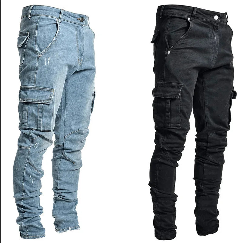 2026Jeans Men Pants Wash Solid Color Multi Pockets Denim Mid Waist Cargo Jeans Plus Size Fahsion Casual Trousers Male Daily Wear