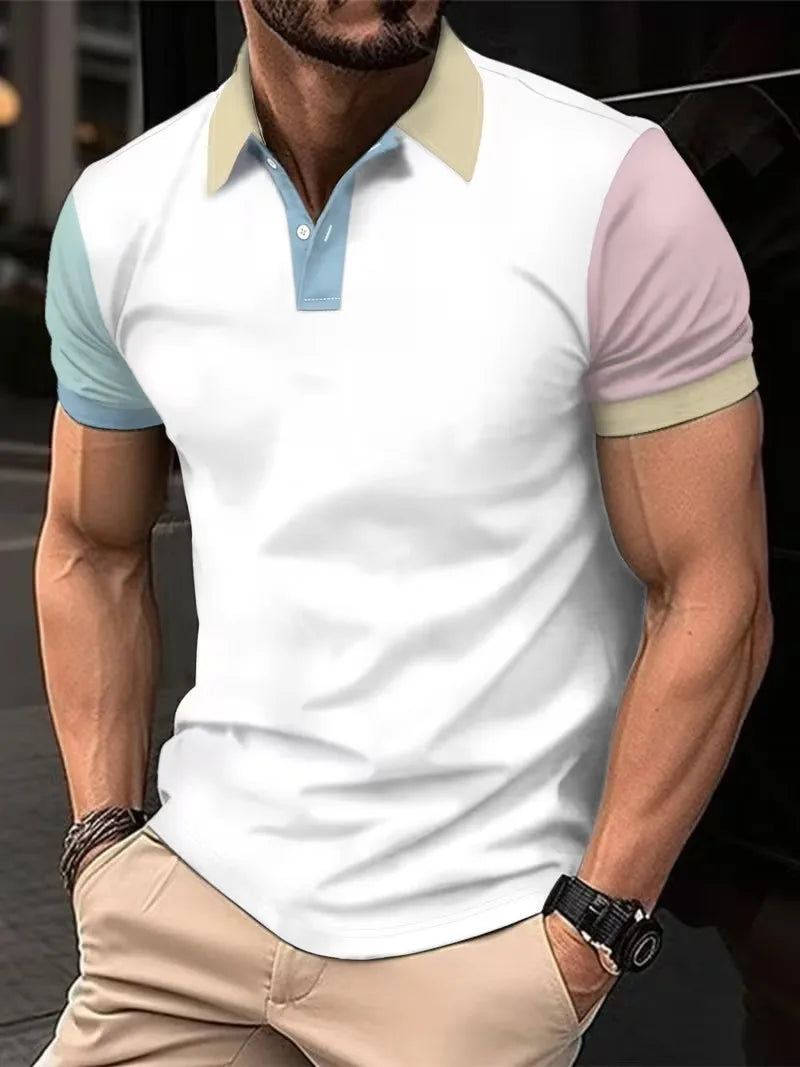 Men's Summer Short Sleeve Polo Shirts, Classic Striped Print Sporty Top, Fashionable Lapel Button-Up Men's Polo Shirts