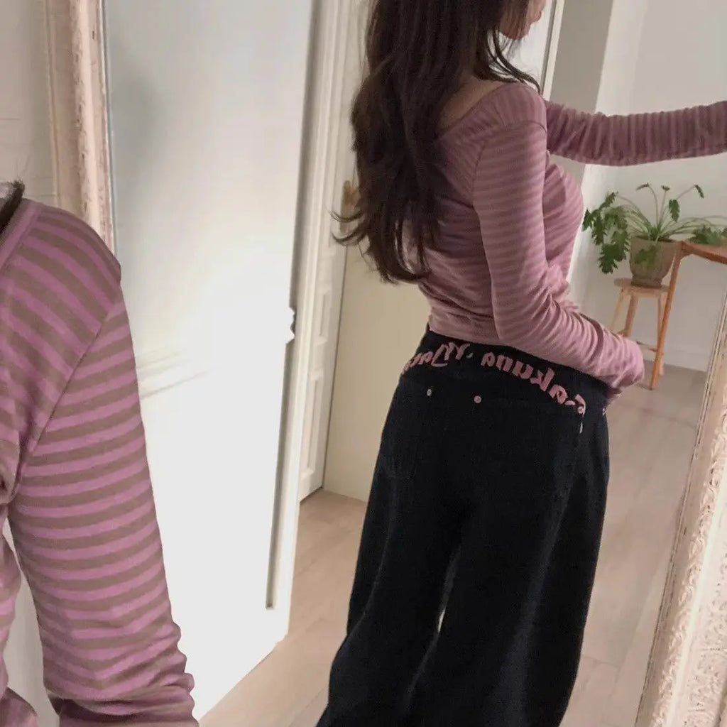 Women's Sweet Casual Full Length Baggy Denim Trouser Retro Emo Harajuku Loose Jeans Letter Embroidery High Waist Y2K 2000s Pants