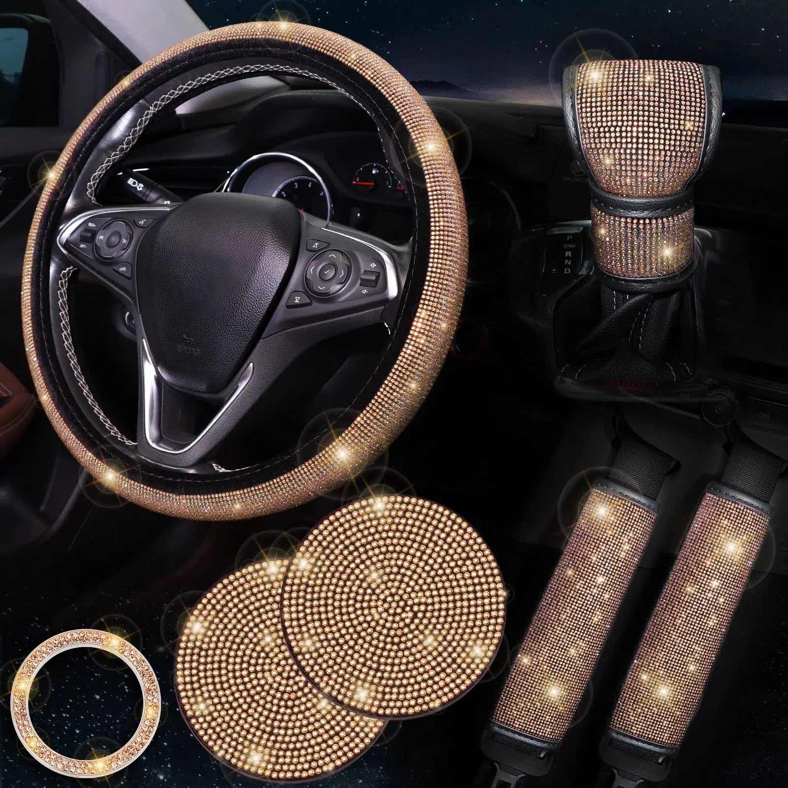 38cm Bling Car Accessories Set For Women Rhinestones Steering Wheel Cover Safety Belt Covers Gear Shift Cover Diamond Cup Pads