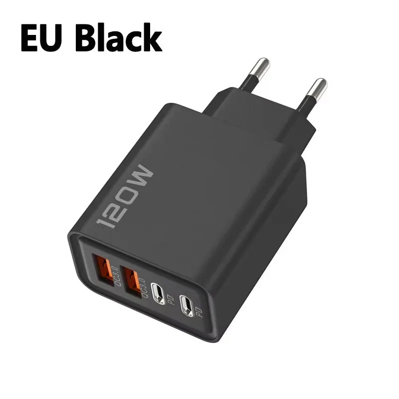 Cargador 4 Puertos 120W USB-C | Carga Rápida QC3.0 - iPhone, Samsung y Xiaomi