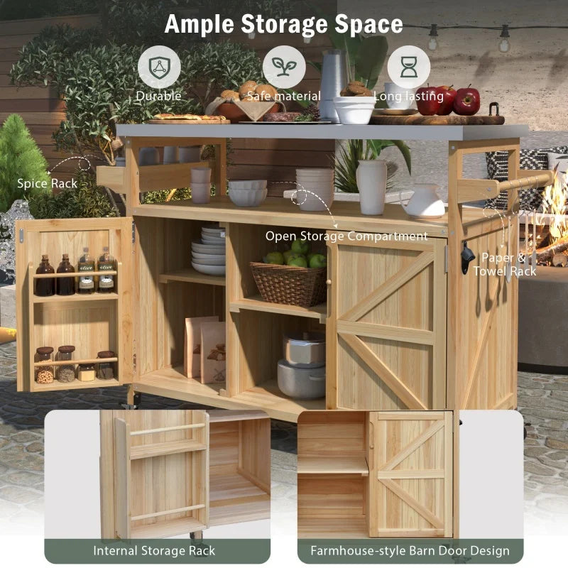 US Stock Farmhouse Rolling Kitchen Island Cart With Stainless Steel Countertop Wooden Storage Cabinet With Lockable Wheels