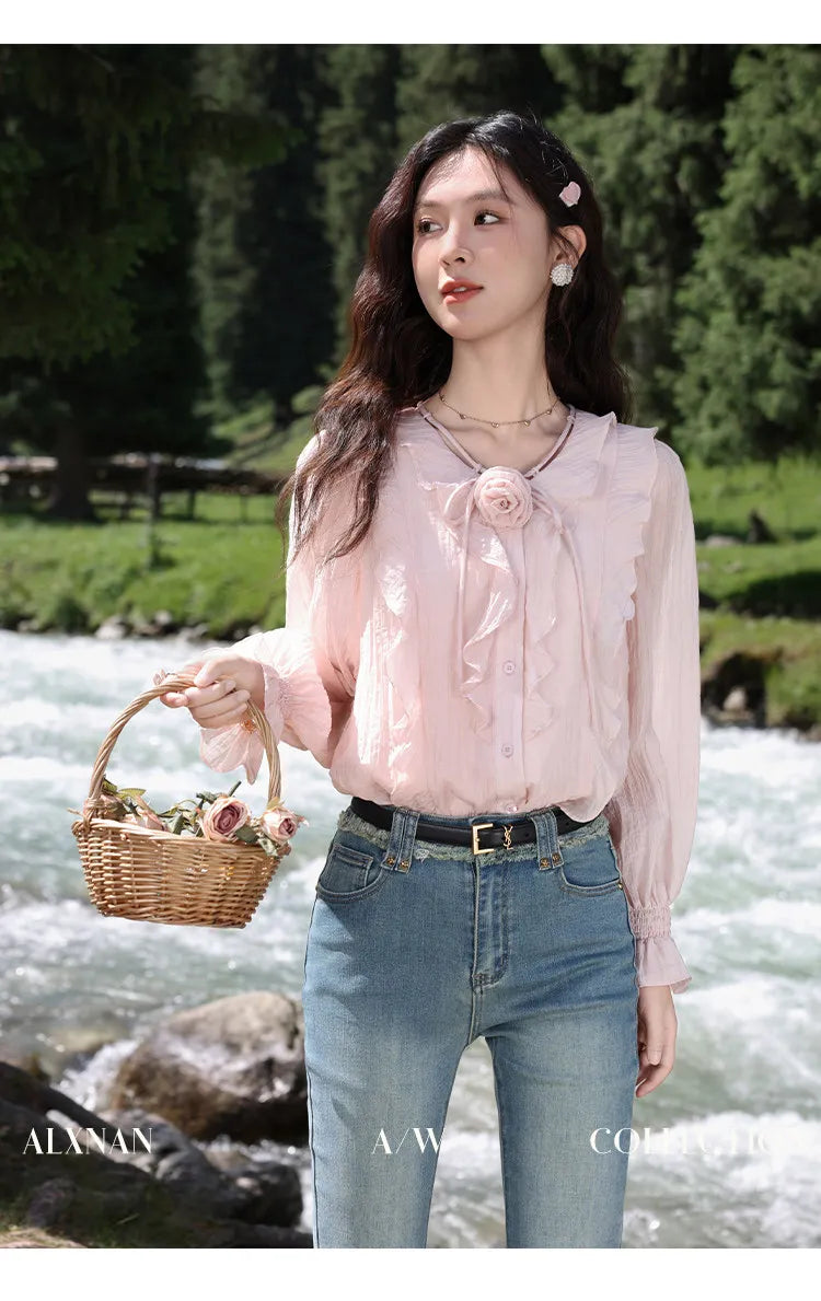 ALXNAN French Style Women's Pink Shirt Autumn V-neck With Detachable 3D Flowers Full Long Sleeves Elastic Cuffs Shirts VL39307