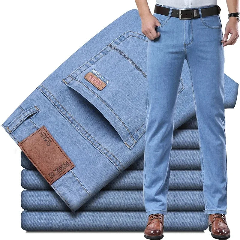 2026 Summer Spring New Men's Pure Black Slim Jeans Elastic Straight Pants BusinessLeisure Korean Vintage Denim Pants Male