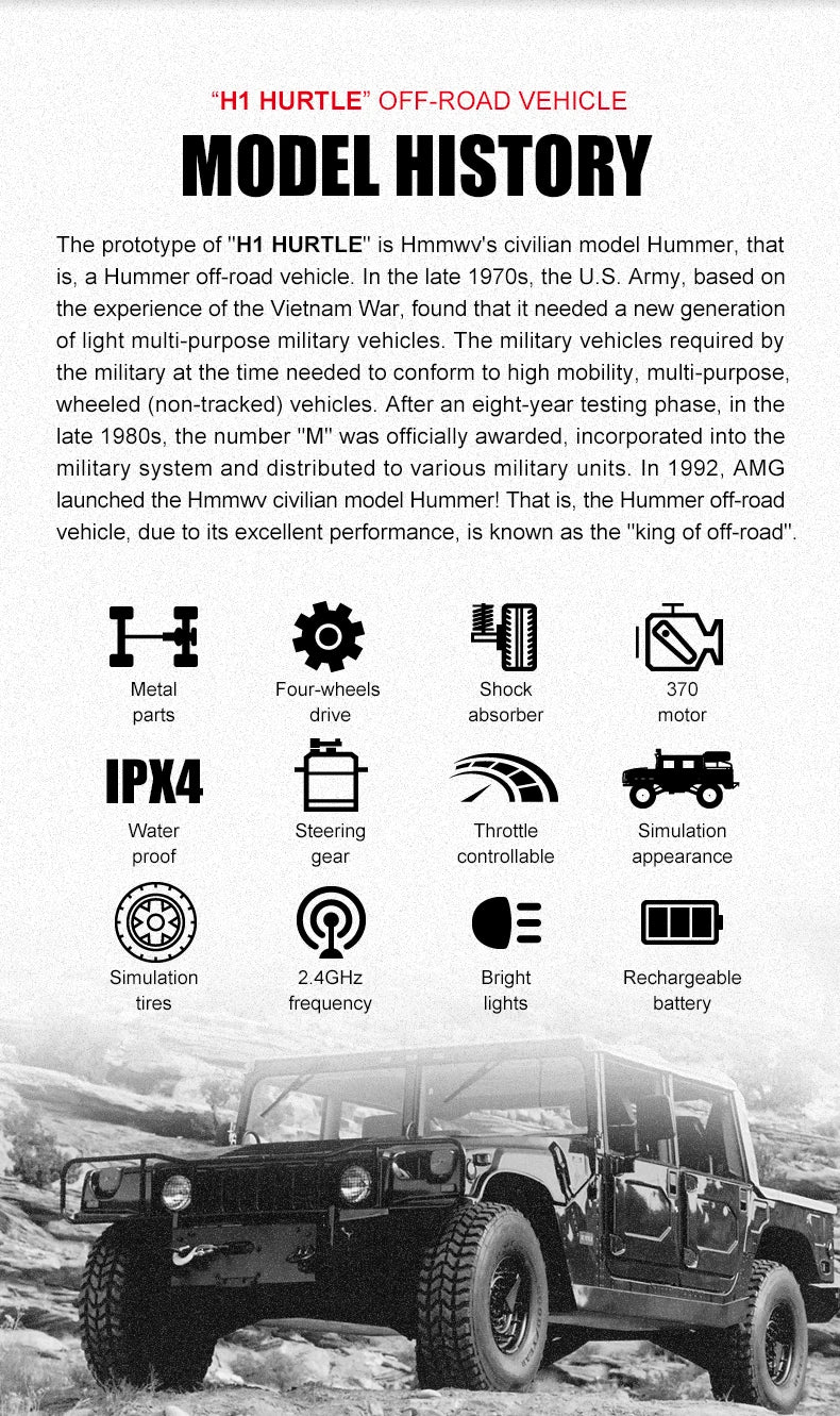 JJRC Q121 RC CAR 4WD Mountaineering Off-Road High Speed Vehicle 1:12 Size RC Car Simulation Hummer Truck Model Children's Toys