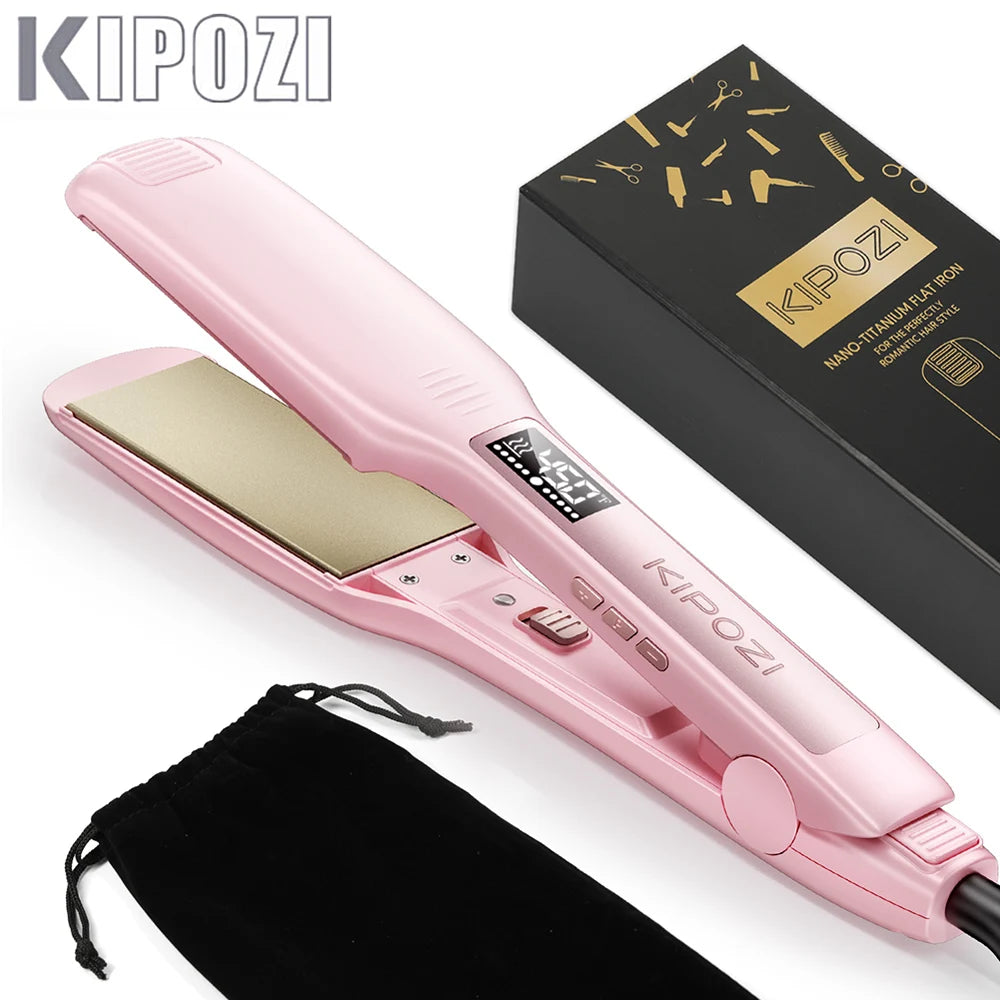 KIPOZI Professional Titanium Flat Iron Hair Straightener with Digital LCD Display Dual Voltage Instant Heating Curling Iron