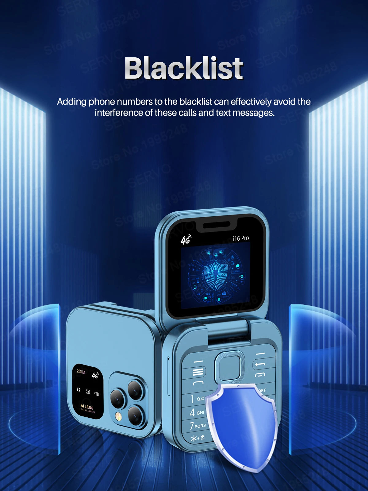 SERVO Mini Flip Mobile Phone 4G/2G Cellular 1.77" Diaplay Speed Dial Flashlight Recorder FM Radio Dual SIM Foldable Cellphones