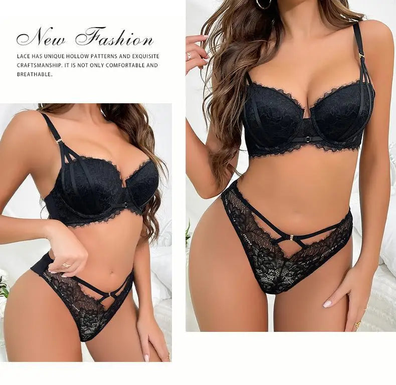 Women's Sexy Lingerie Set Hollow Push-Up Bra with Adjustable Straps Lace Flowers Embroidery Underwear Matching Panties