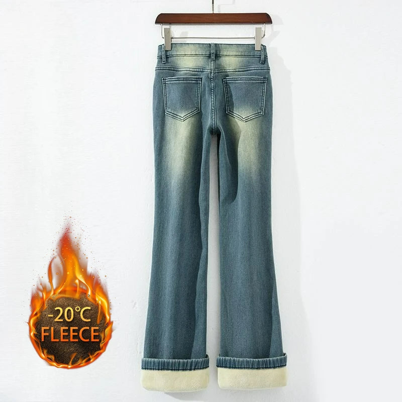 Autumn Winter Thickened Fleece-Lined Vintage Straight-Leg Jeans Women's Slimming Hip-Hiding Elastic Micro-Flared Cotton Trousers
