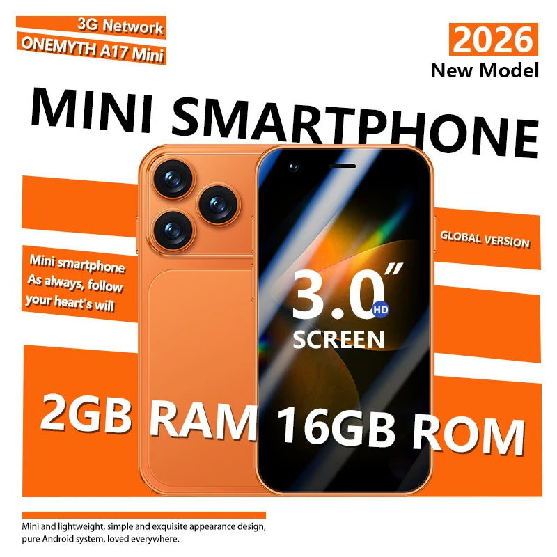 ONEMYTH A17 Mini 3.0 'Android Smartphone 2GB+16GB 3G Unlocked Phone Google Play Store Dual SIM Card Pocket Backup Small Phone