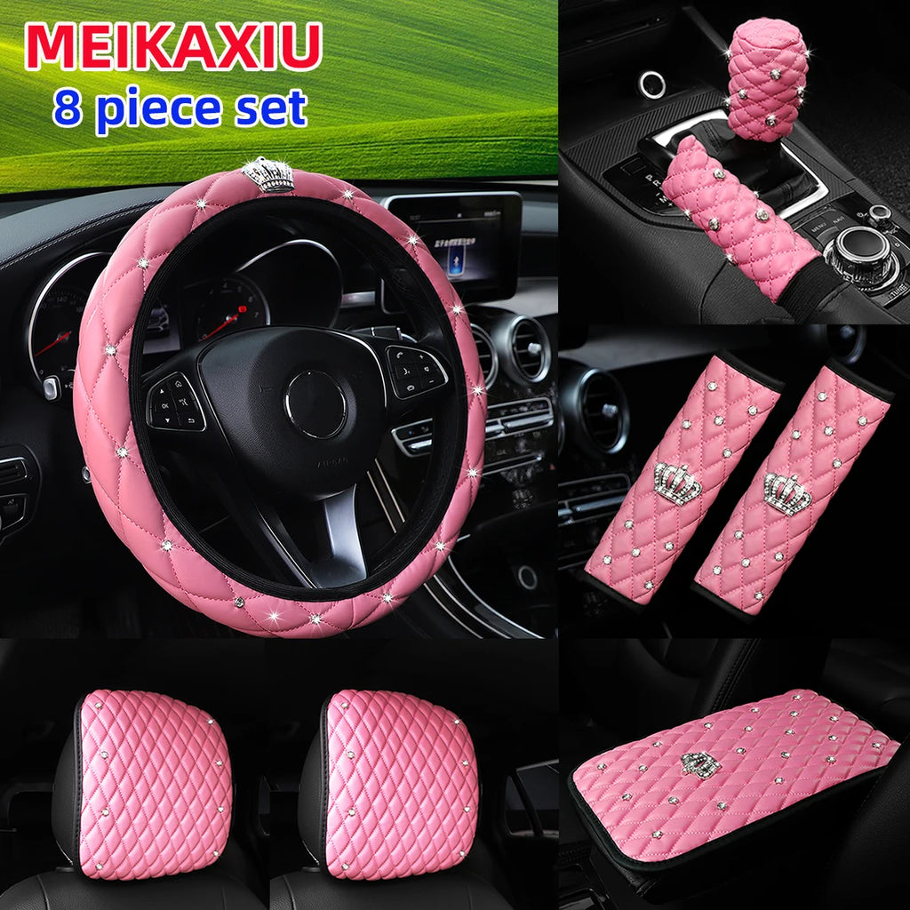 8 Artificial Skin Leather Diamond Crown Steering Wheel Cover Shoulder Cover Armrest Cushion Handbrake Cover Headrest Cushion Set