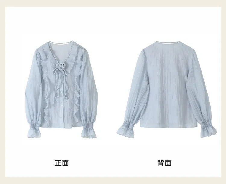 ALXNAN French Style Women's Pink Shirt Autumn V-neck With Detachable 3D Flowers Full Long Sleeves Elastic Cuffs Shirts VL39307