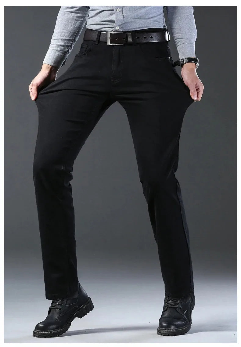 2026 Summer Spring New Men's Pure Black Slim Jeans Elastic Straight Pants BusinessLeisure Korean Vintage Denim Pants Male