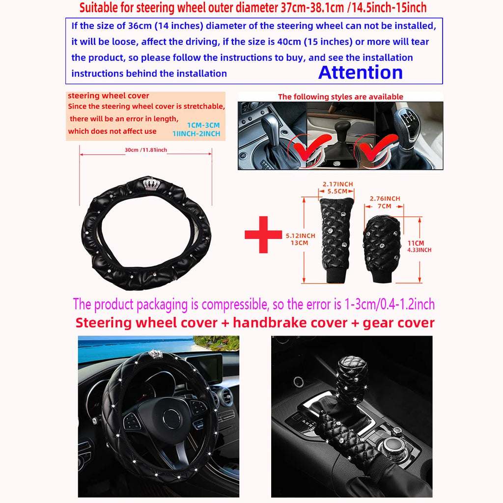 8 Artificial Skin Leather Diamond Crown Steering Wheel Cover Shoulder Cover Armrest Cushion Handbrake Cover Headrest Cushion Set