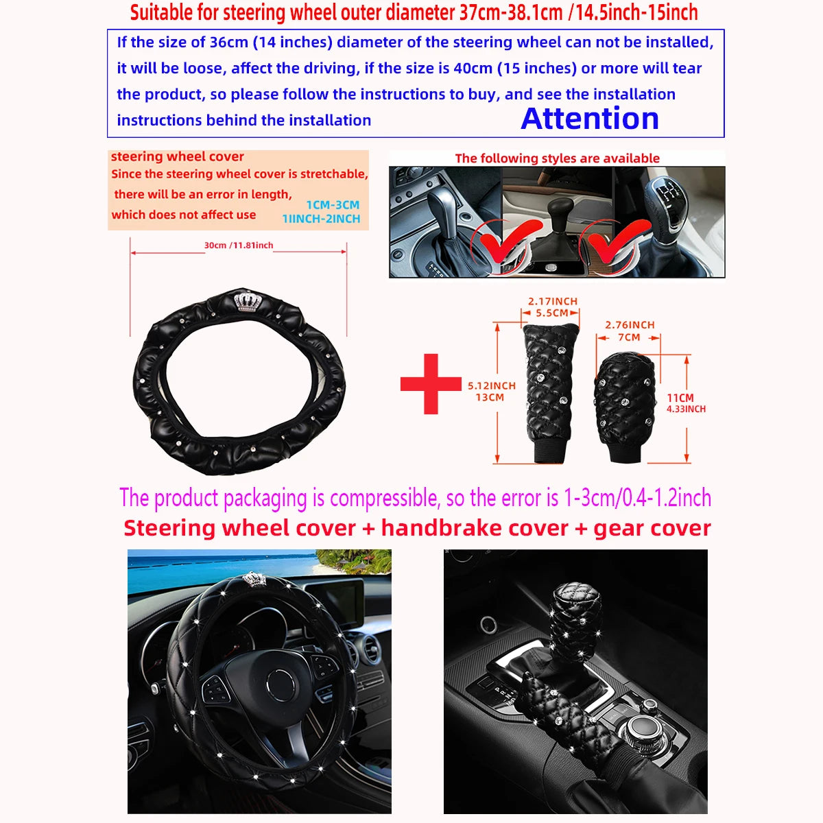 8 Artificial Skin Leather Diamond Crown Steering Wheel Cover Shoulder Cover Armrest Cushion Handbrake Cover Headrest Cushion Set
