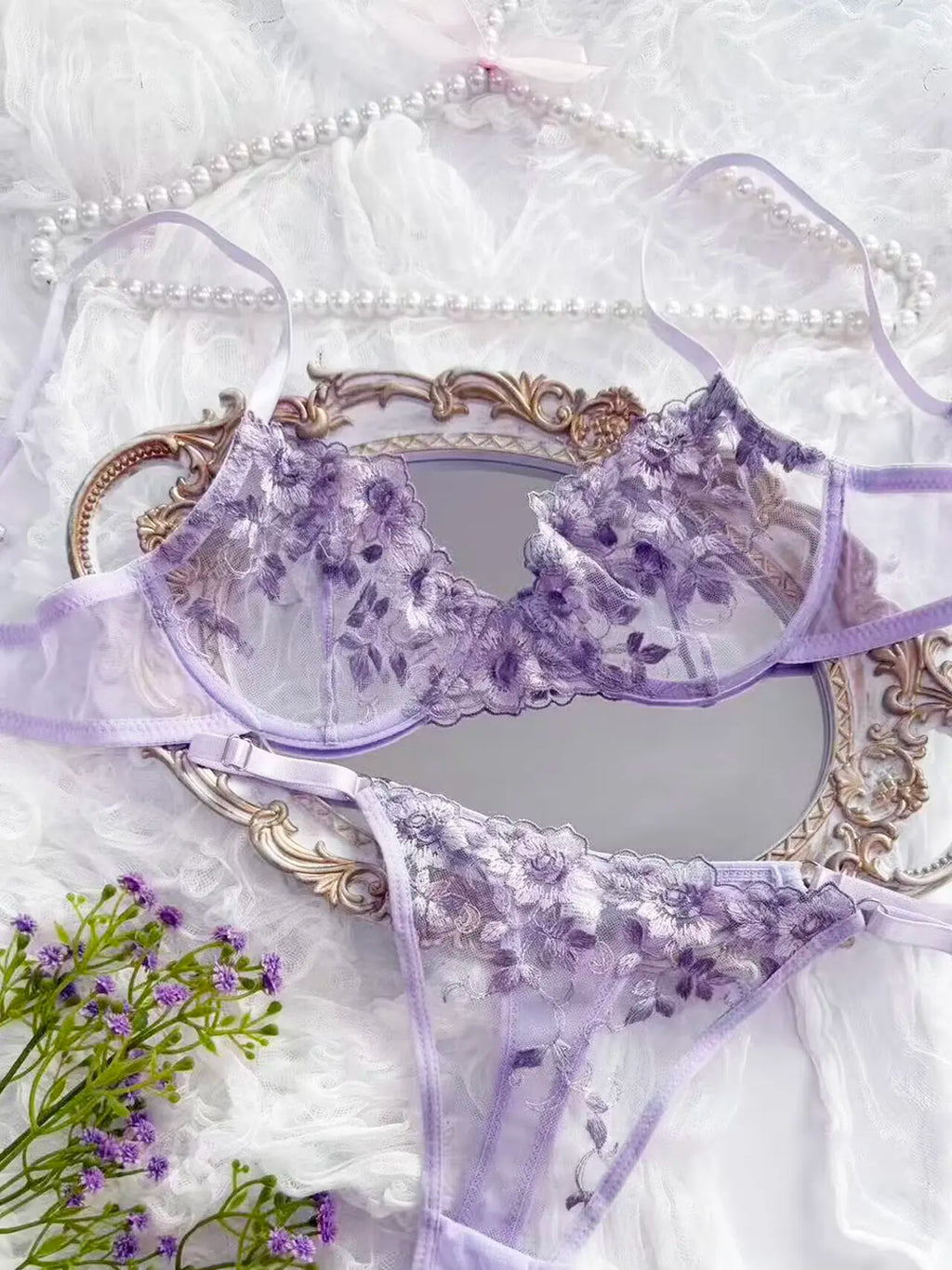 Lavender Floral Sheer Lace 2-Piece Lingerie Set, Underwire Push Up Bra & Adjustable Metal Buckle Low Rise Thong Panties