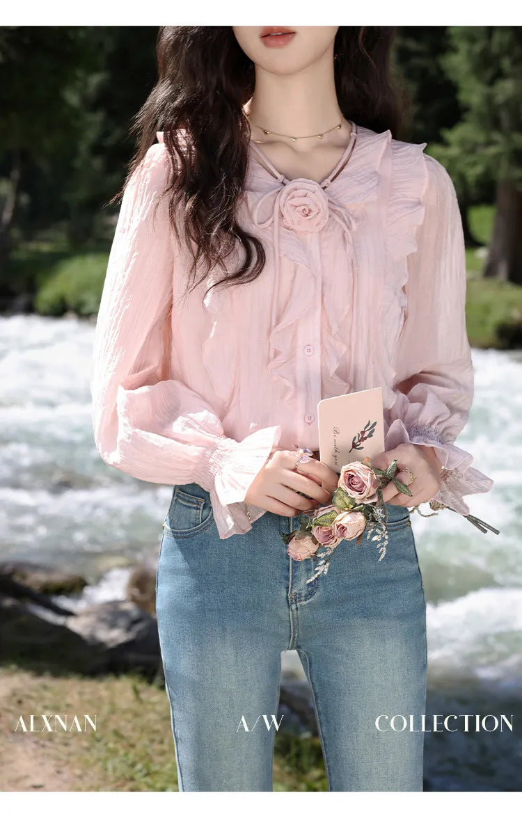 ALXNAN French Style Women's Pink Shirt Autumn V-neck With Detachable 3D Flowers Full Long Sleeves Elastic Cuffs Shirts VL39307