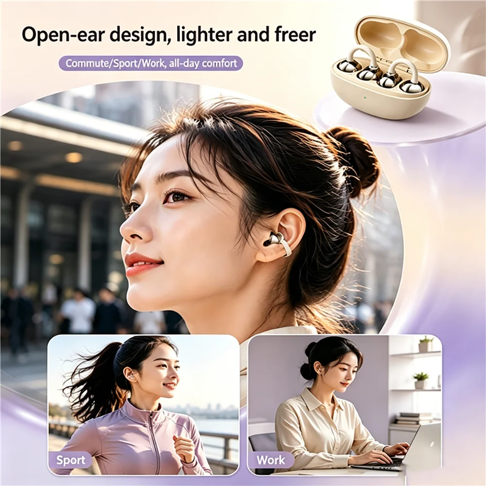 KEBIDUMEI Open-Ear Wireless Headphones Bluetooth 6.0 Earphones with Mic Clear Call Ear Clip Earbuds Sports Headsets 24H Playtime