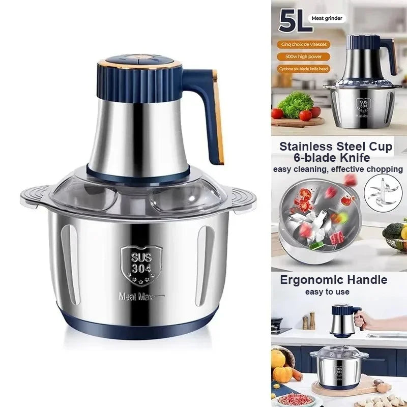 Electric Meat Grinder 5L Stainless Steel Meat Mincer Vegetables Blender, 500W Household Stuffing and Food Processor 5 Speeds