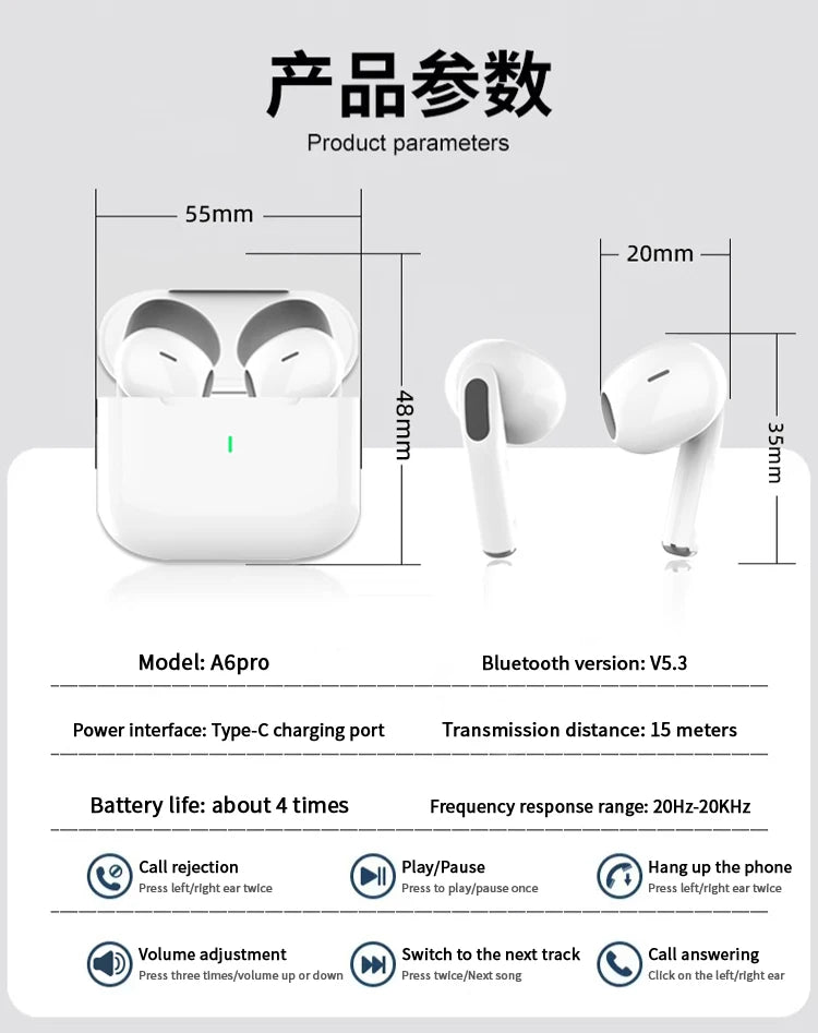 UEESFIT A6 TWS Bluetooth Earphone ENC Mini Wireless Earbuds Noise Cancelling Sport Headsets Gaming Headphone For Smartphone
