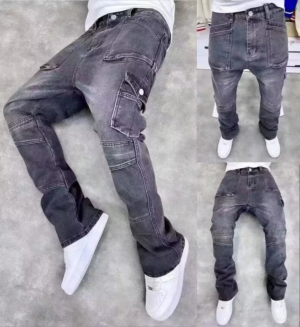 2025 Vintage Men's Jeans Distressed Vibe Bell Bottoms Clean Fit Woodworking Workwear Denim Pants for Outdoor Trade