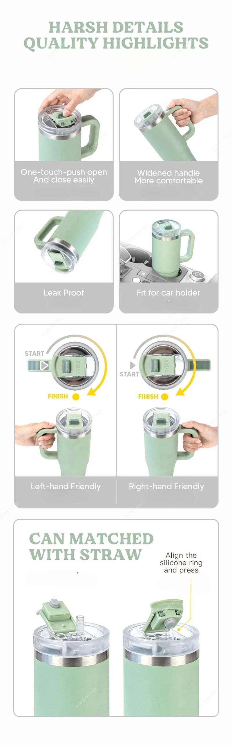 Tyeso 900ml/1200ml Big Capacity Thermal Mug Stainless Steel Insulated Water Bottle with Straw Outdoor Travel Car Tumbler