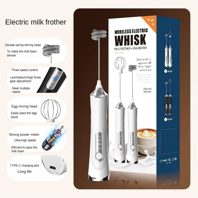 1 Electric Milk Frother, Dual Stick Rechargeable 3-Speed Handheld Egg Beater, Coffee Frother, Cream Blender, Travel Blender