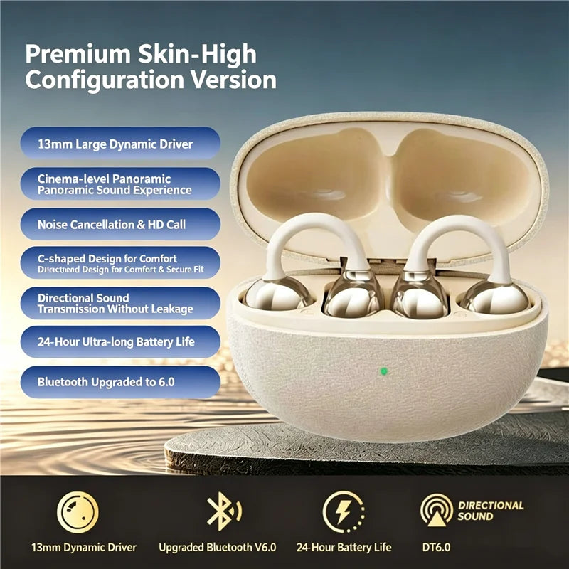 KEBIDUMEI Open-Ear Wireless Headphones Bluetooth 6.0 Earphones with Mic Clear Call Ear Clip Earbuds Sports Headsets 24H Playtime