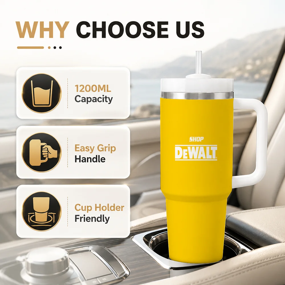 Tool Brand DeWalt Banner Vacuum Flasks 40oz Insulated Tumbler with Handle, Straw and Lid, Stainless Steel Travel Cup