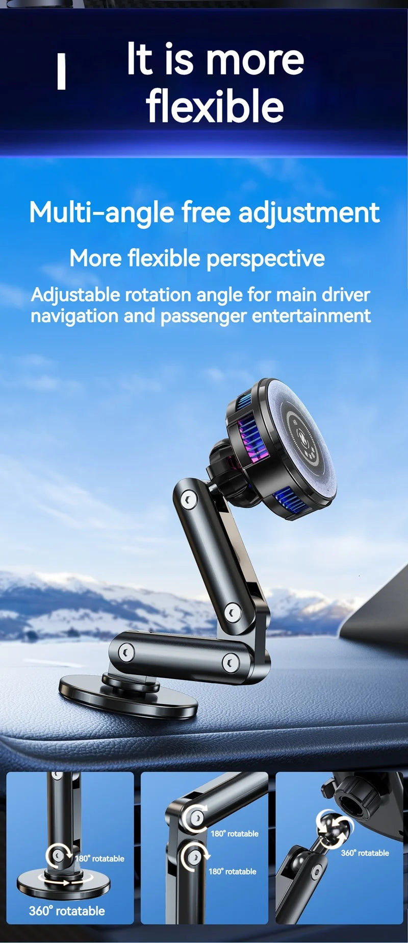 Universal Metal Car Magnetic Semiconductor Cooling Phone Holder RGB Light 3 Level Adjustable for iPhone 16 15 14 13 12 Samsung
