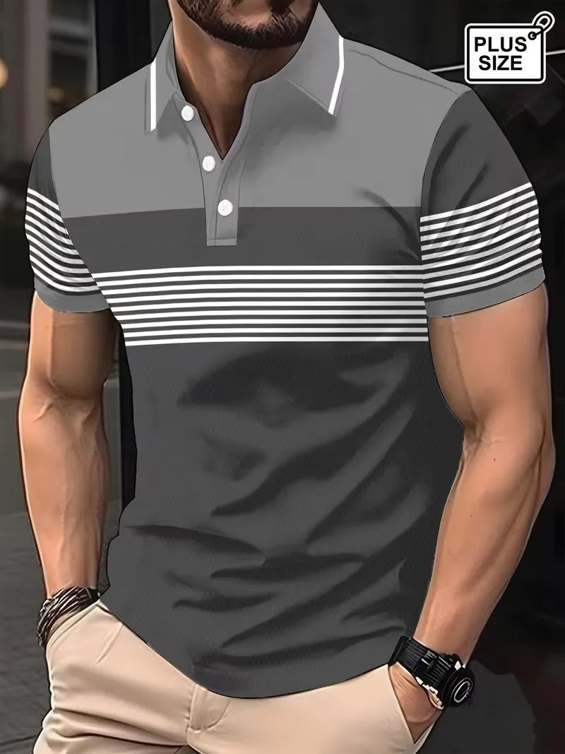 Men's Summer Short Sleeve Polo Shirts, Classic Striped Print Sporty Top, Fashionable Lapel Button-Up Men's Polo Shirts
