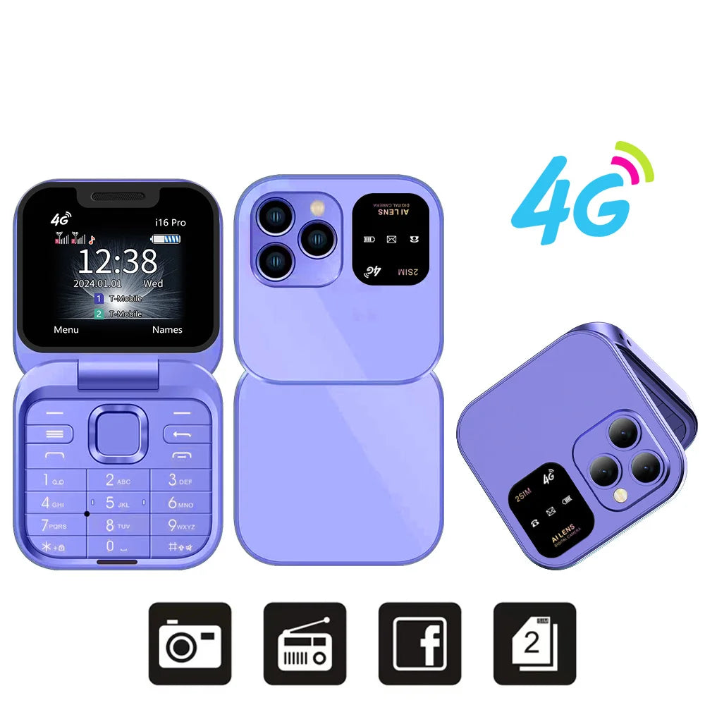 SERVO Mini Flip Mobile Phone 4G/2G Cellular 1.77" Diaplay Speed Dial Flashlight Recorder FM Radio Dual SIM Foldable Cellphones