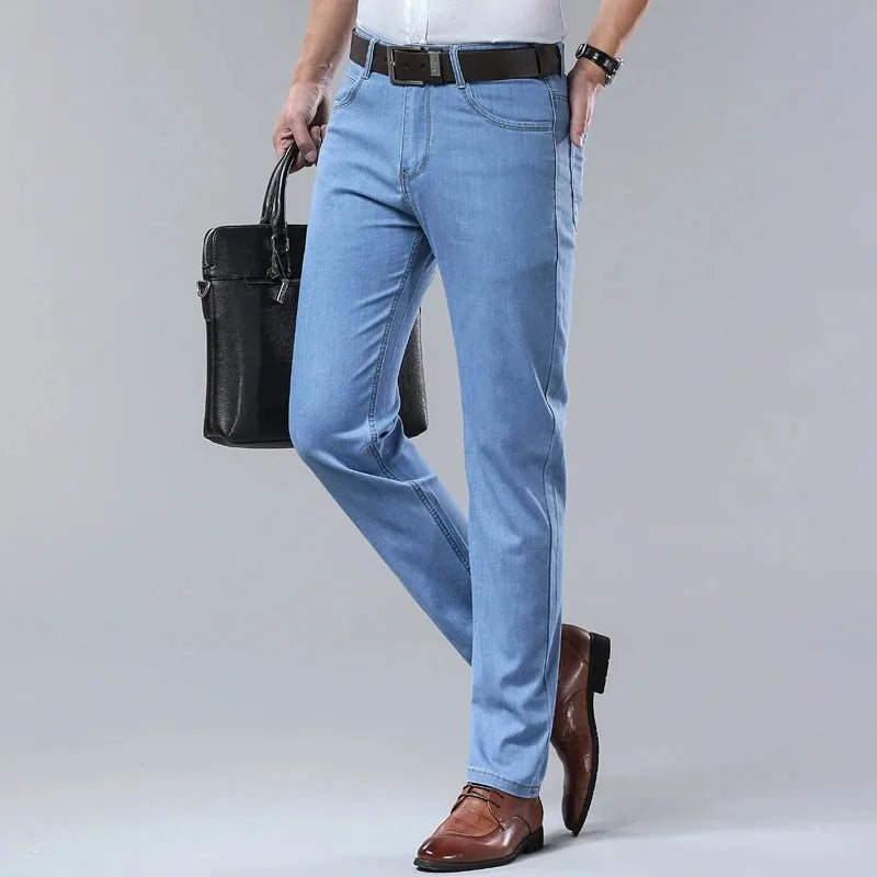 2026 Summer Spring New Men's Pure Black Slim Jeans Elastic Straight Pants BusinessLeisure Korean Vintage Denim Pants Male
