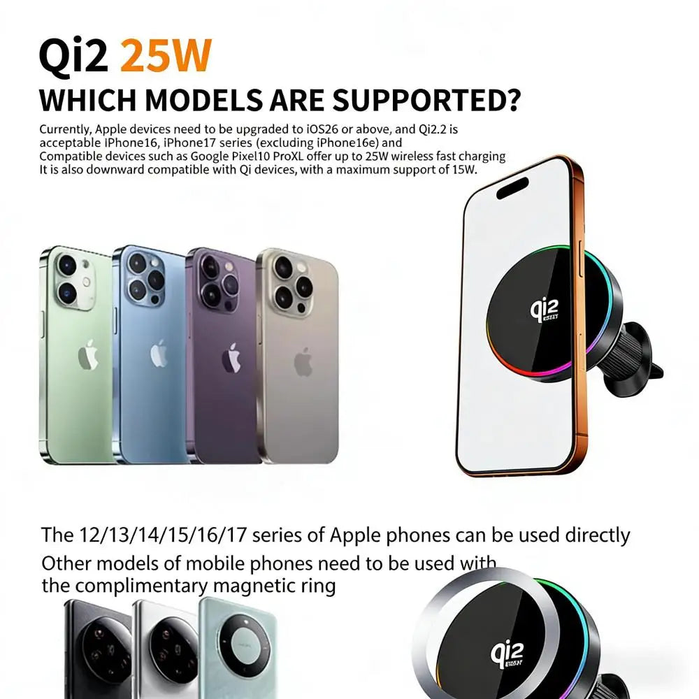 25W Qi2 Magnetic Car Phone Charger Holder with RGB Light Air Vent Mount with Fast Charging & Cooling for iPhone 17 Pro Max