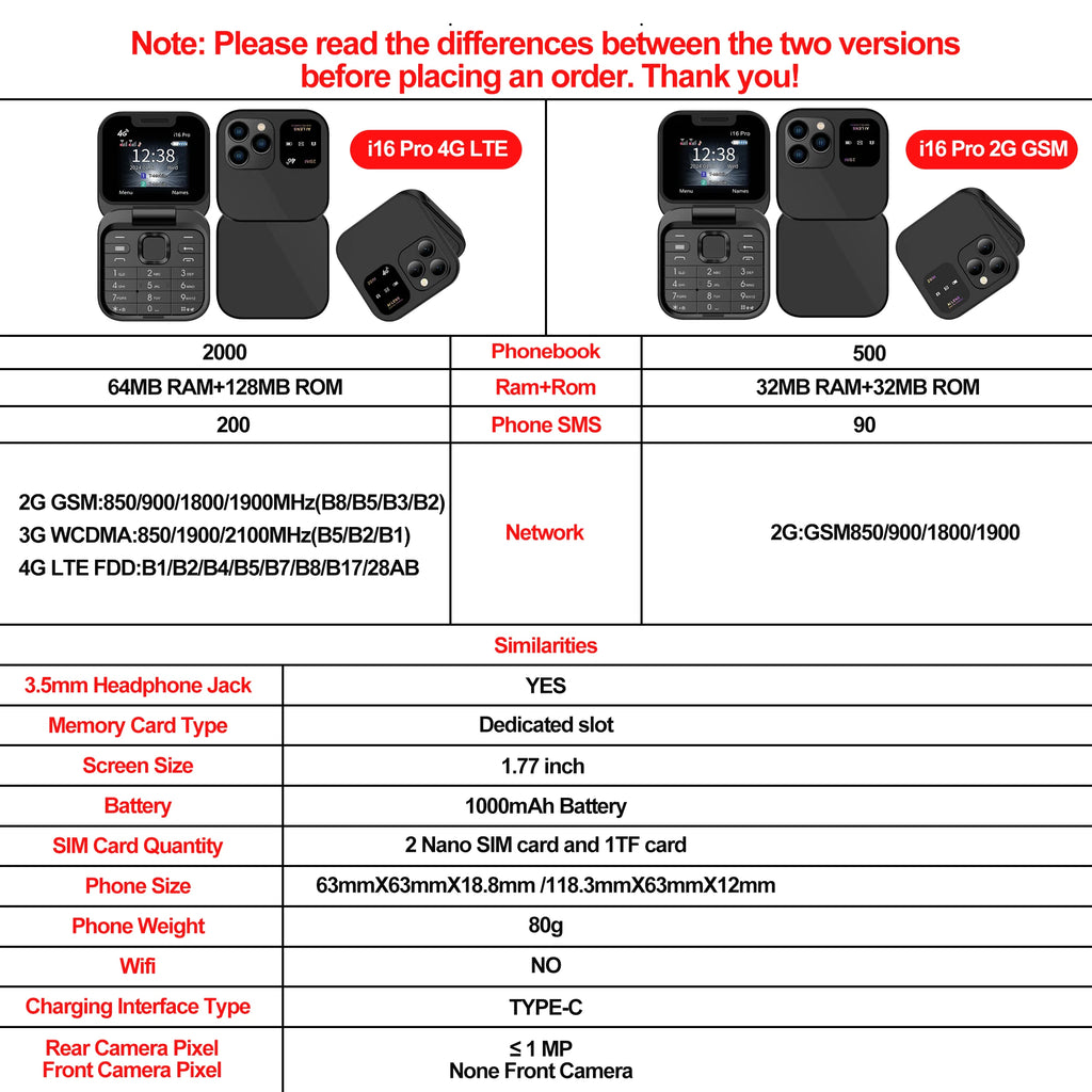 SERVO Mini Flip Mobile Phone 4G/2G Cellular 1.77" Diaplay Speed Dial Flashlight Recorder FM Radio Dual SIM Foldable Cellphones