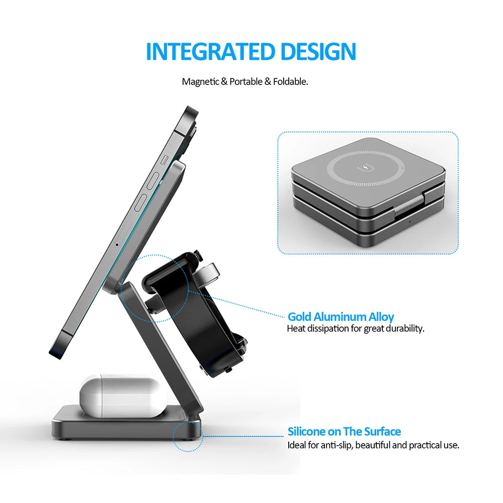 3 in 1 Magnetic Wireless Charger for iPhone Foldable Fast Wireless Charging Station for iPhone 16 15 14 13 12 Charger Stand