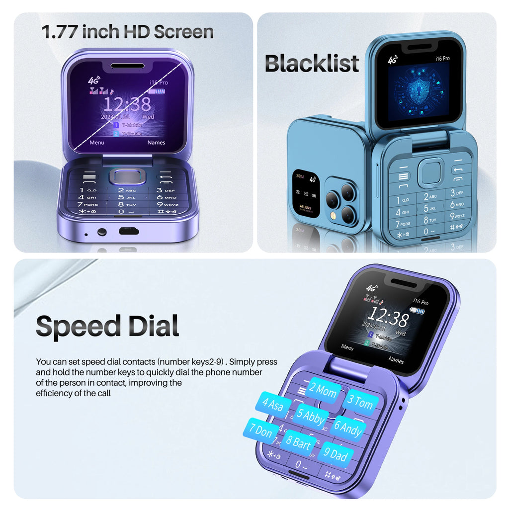 SERVO Mini Flip Mobile Phone 4G/2G Cellular 1.77" Diaplay Speed Dial Flashlight Recorder FM Radio Dual SIM Foldable Cellphones