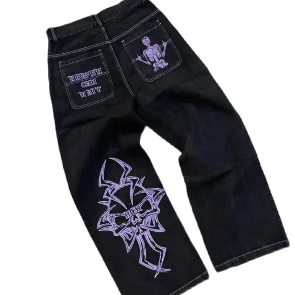 Retro Skull Embroidery Y2K Jeans Mens Hip Hop Washed Baggy Denim Pants New Straight Casual Loose Wide Leg Trouser Streetwear
