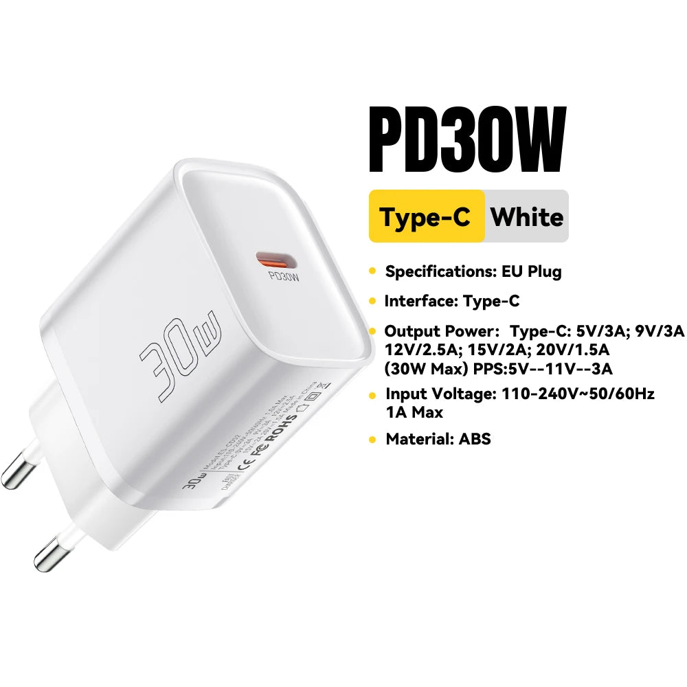 Cargador Mini USB-C 30W | Compacto y Potente - Compatible iPhone y Samsung