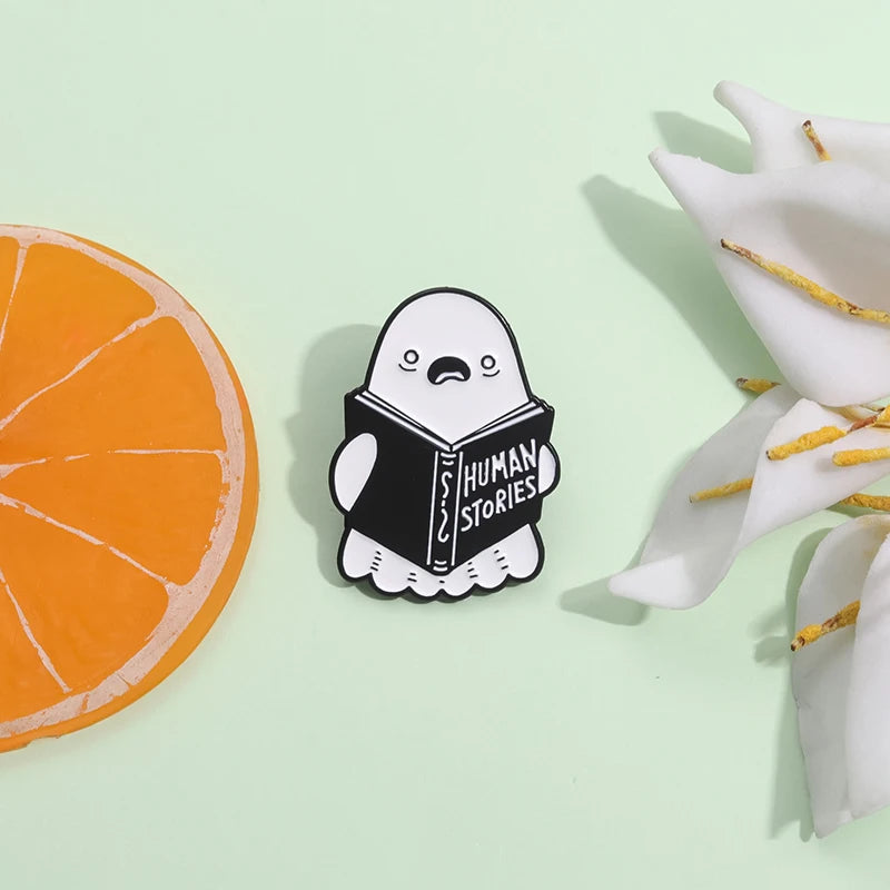 Cartoon Ghost Boo Enamel Pins Human Stories Book Creative Brooches Halloween Backpack Clothes Lapel Badge Gift for Kids Friends