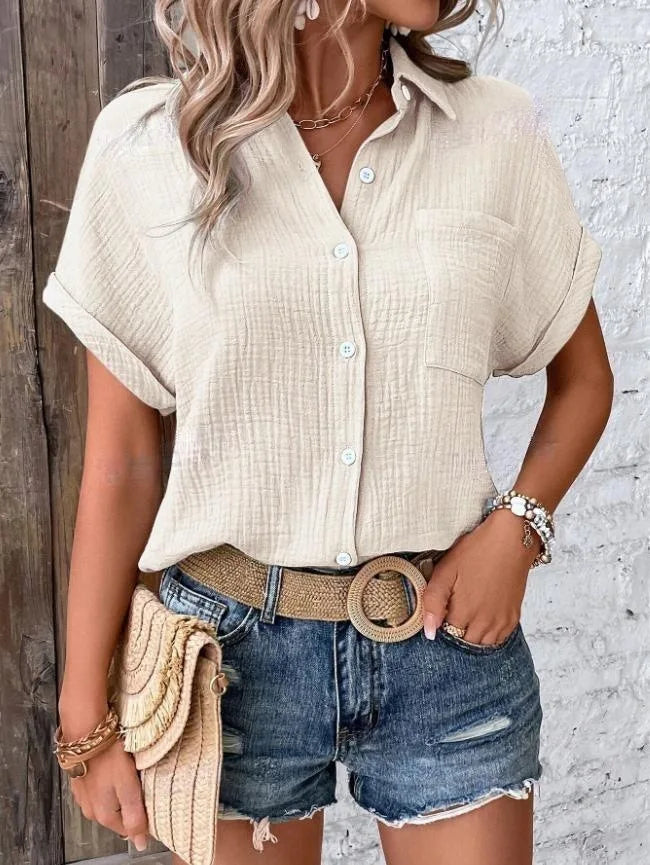 Women Casual Cotton Blouse Vintage Summer Short Sleeve Slim Shirt Elegant Turn Down Collar Solid Tunics Harajuku Streetwear Tops