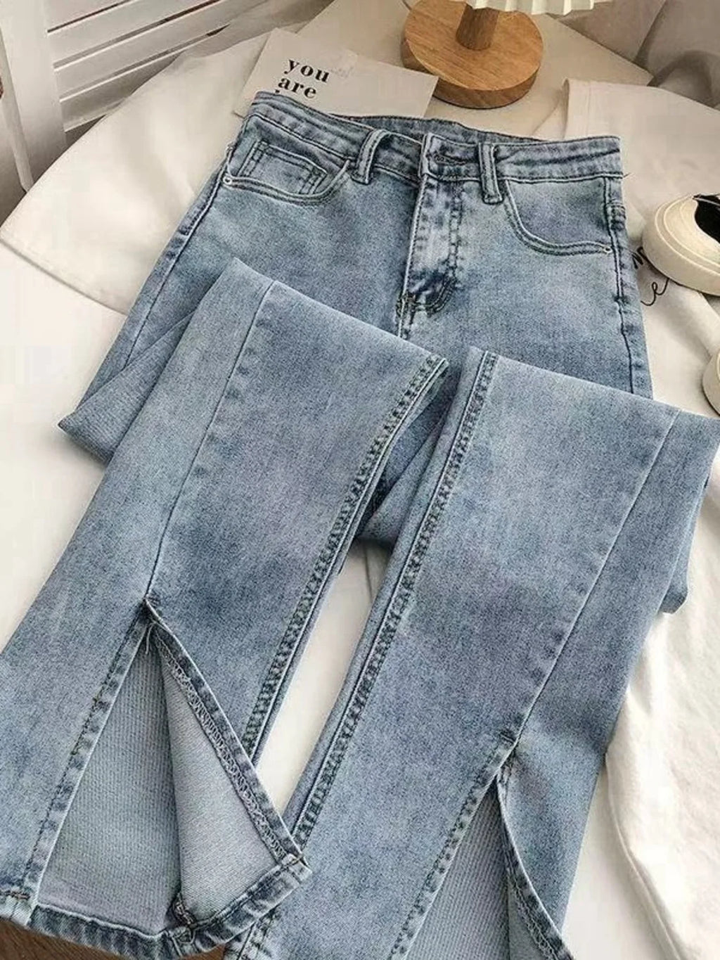Women's High Waist Wide Leg Jeans Asymmetric Split Hem Vintage Washed Denim Pants Loose Fit
