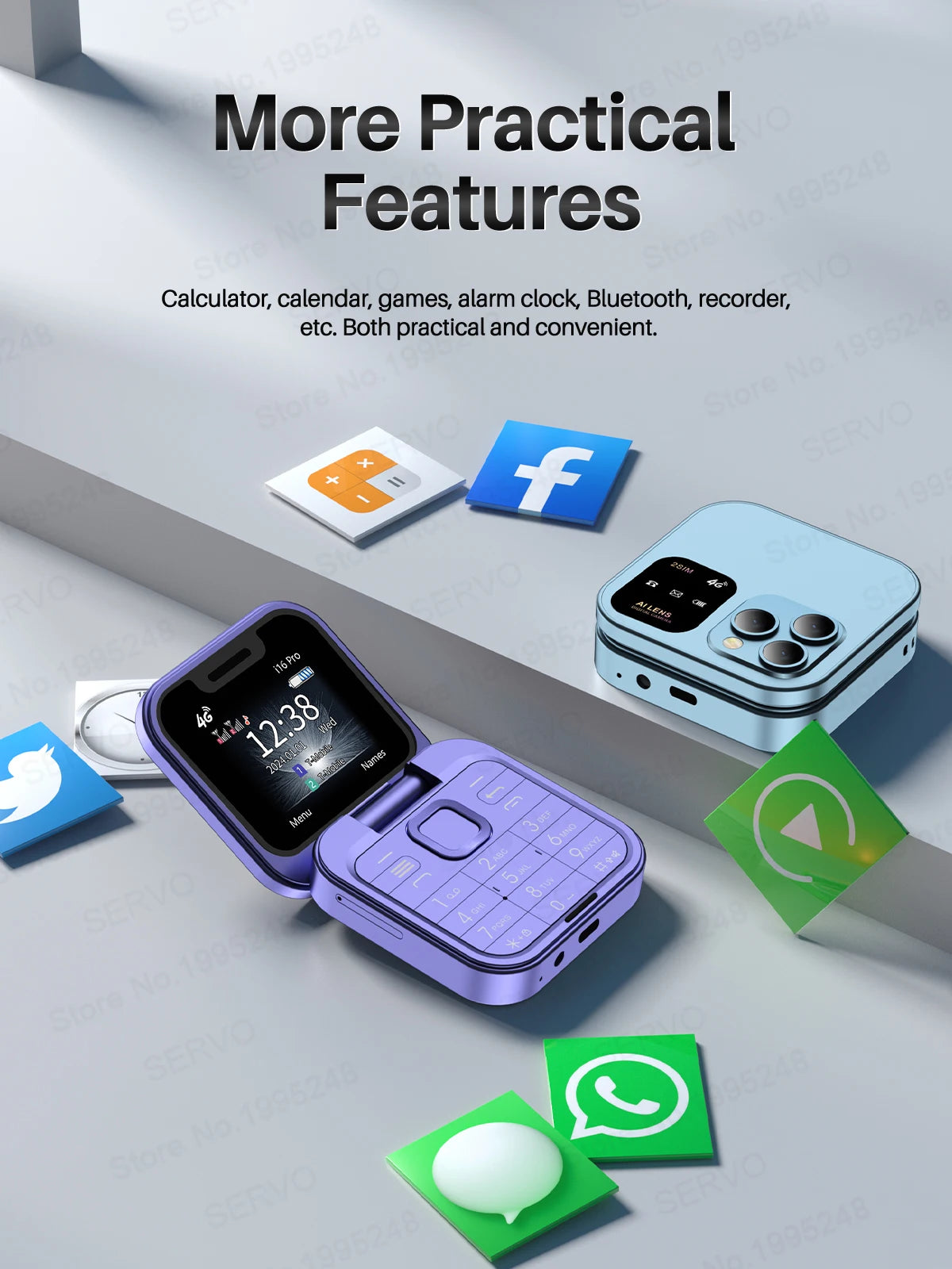 SERVO Mini Flip Mobile Phone 4G/2G Cellular 1.77" Diaplay Speed Dial Flashlight Recorder FM Radio Dual SIM Foldable Cellphones