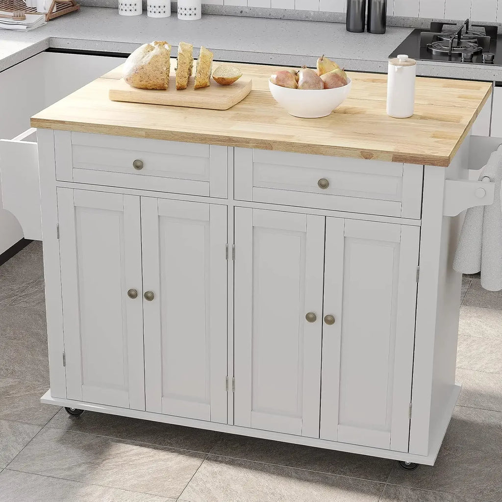 Movable Kitchen Carts on Wheels Island with Storage Cabinet, Island Table for Kitchen with Rubber Wood Top and Rack and Drawers