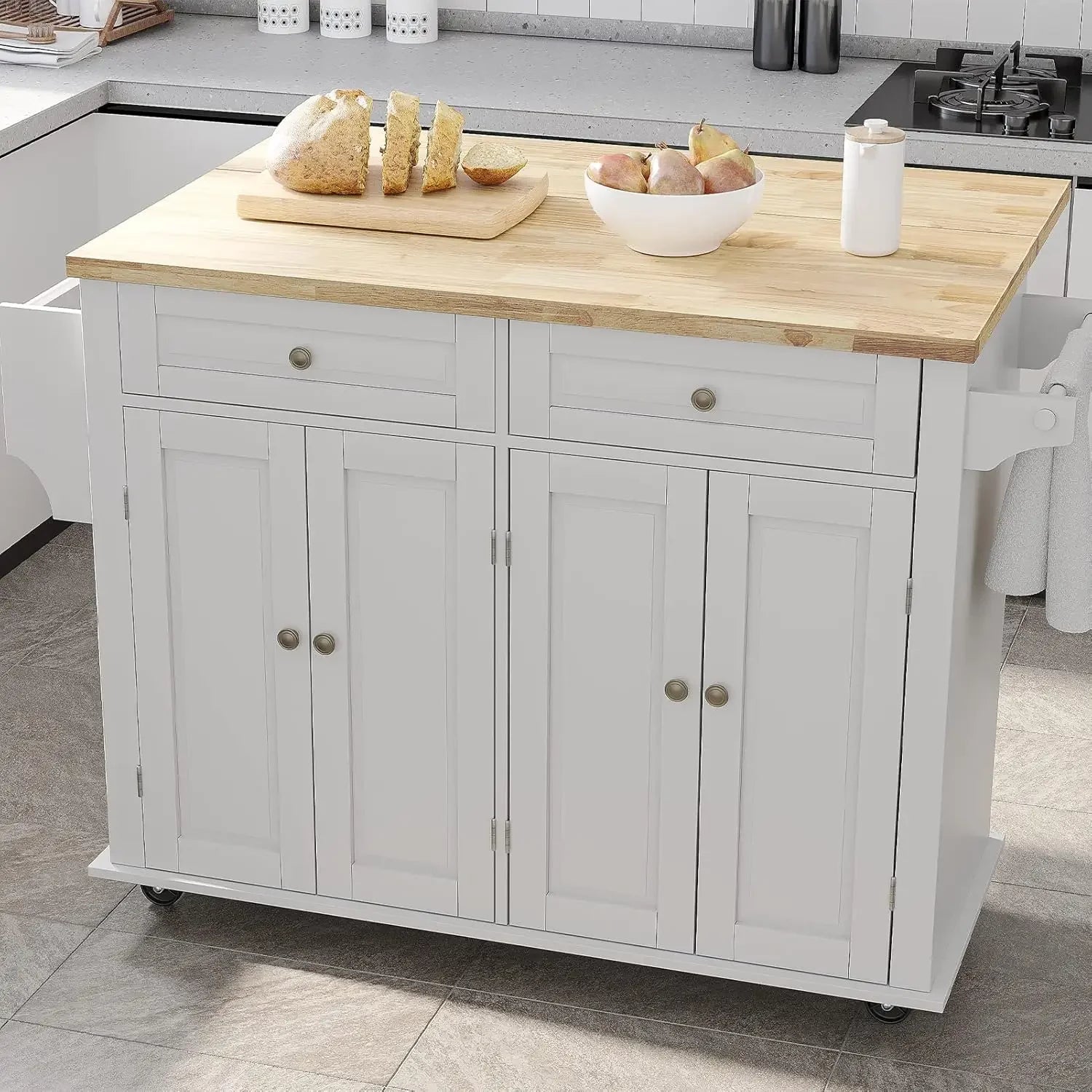 Movable Kitchen Carts on Wheels Island with Storage Cabinet, Island Table for Kitchen with Rubber Wood Top and Rack and Drawers