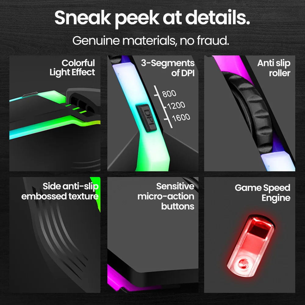 Mouse Gamer USB con LED RGB - Silencioso 1600DPI