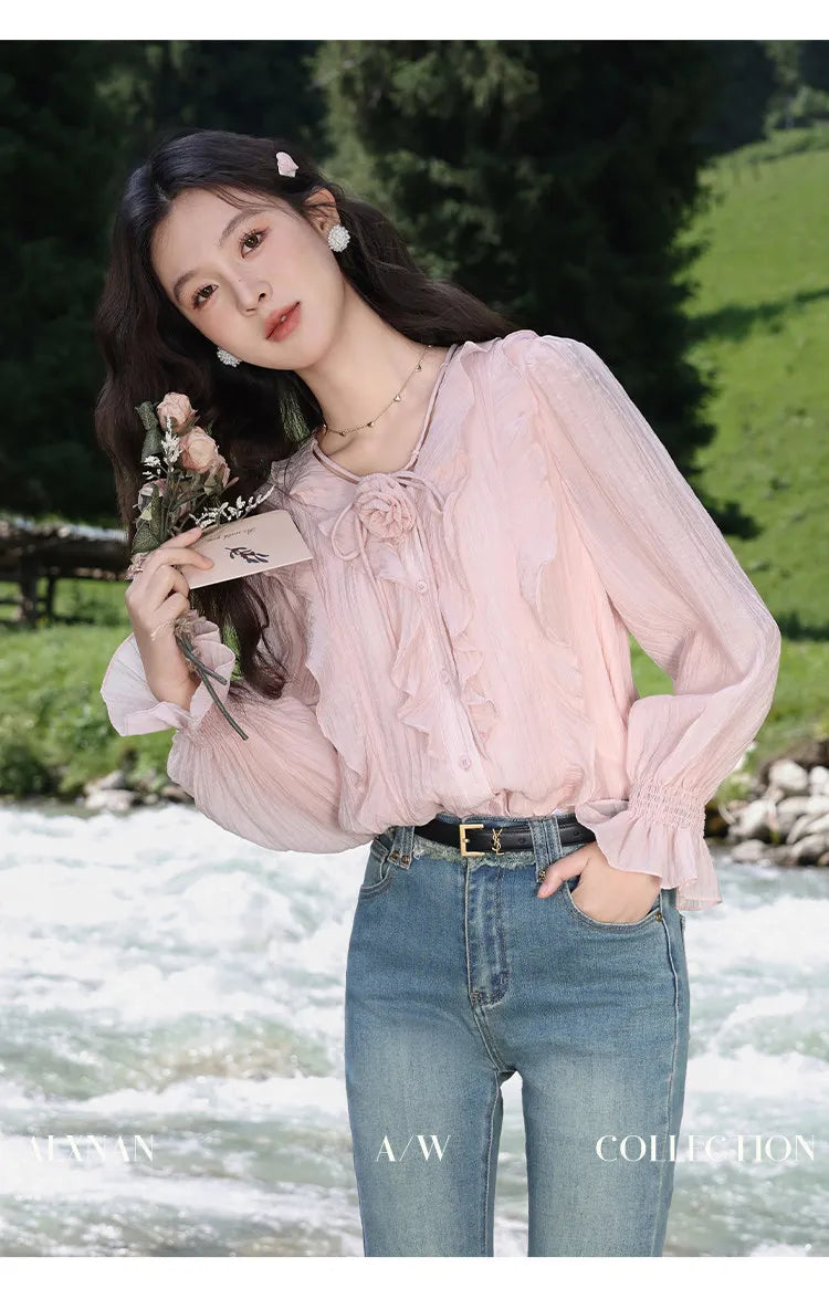 ALXNAN French Style Women's Pink Shirt Autumn V-neck With Detachable 3D Flowers Full Long Sleeves Elastic Cuffs Shirts VL39307
